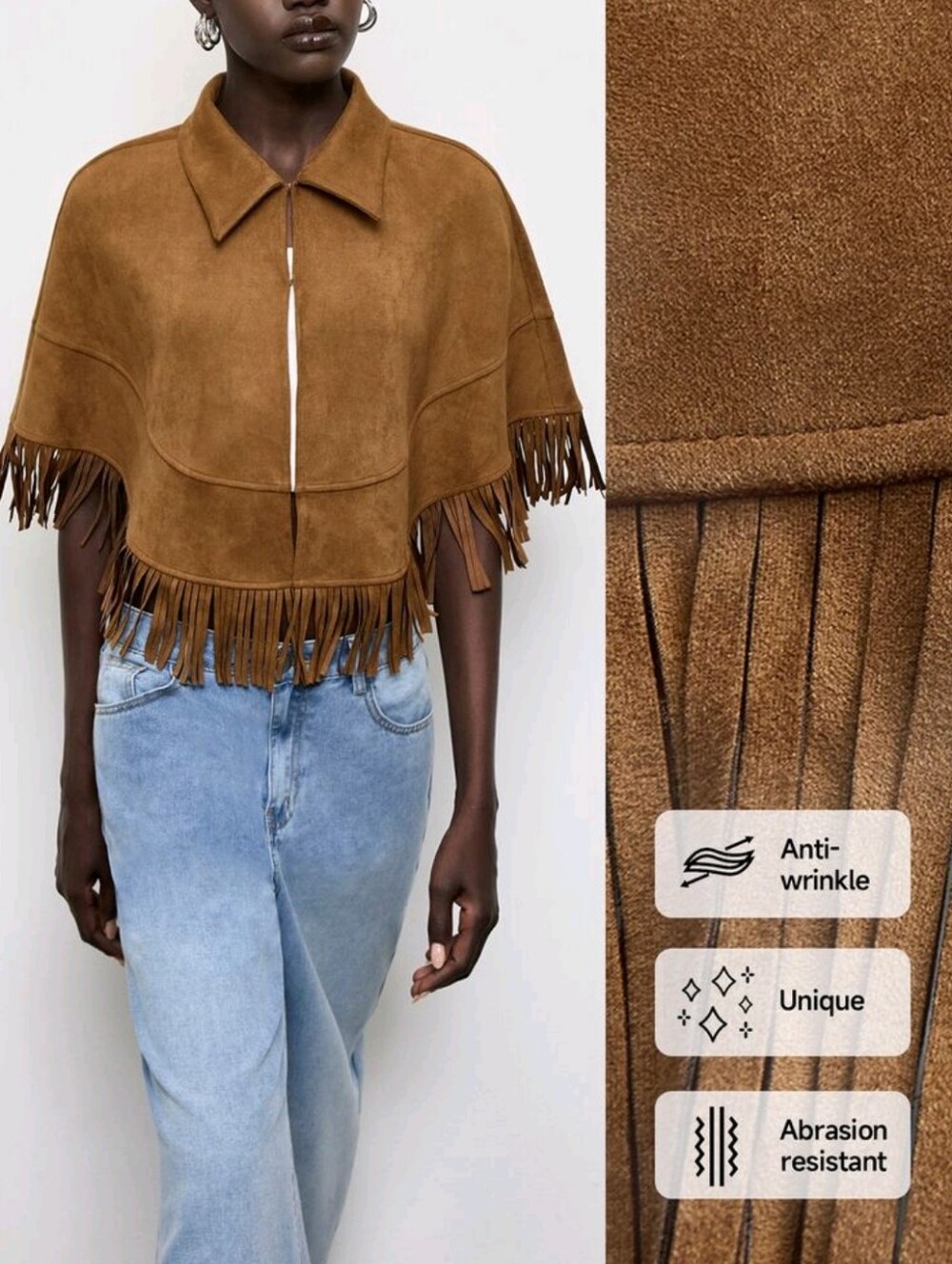 Fringed Suede Like Cape Sweater - Brown